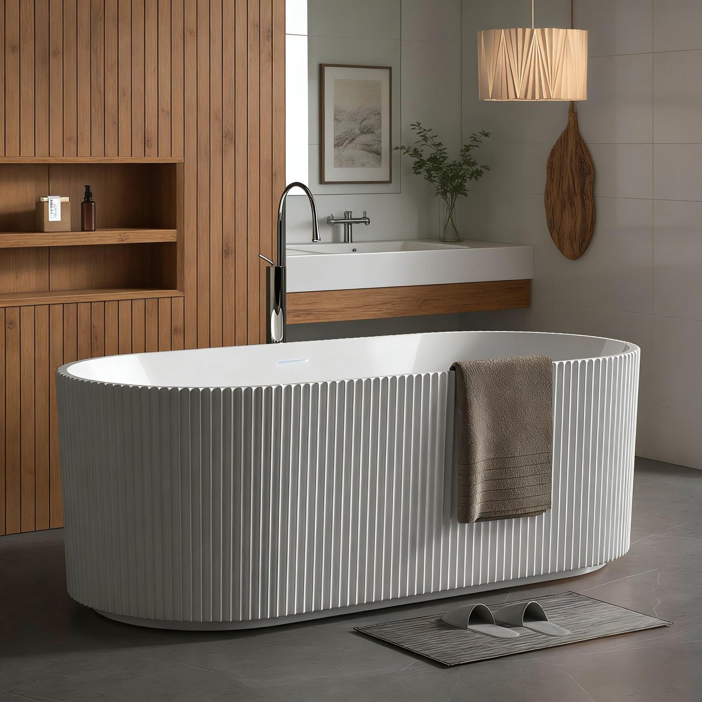 67'' Freestanding Bathtub, Deep Acrylic Soaking Tub with Non-Slip Base, cUPC Certified Modern Free Standing Tub, Chrome Drain, White Bath Tub for Bathroom Remodel and Spa-Like Comfort