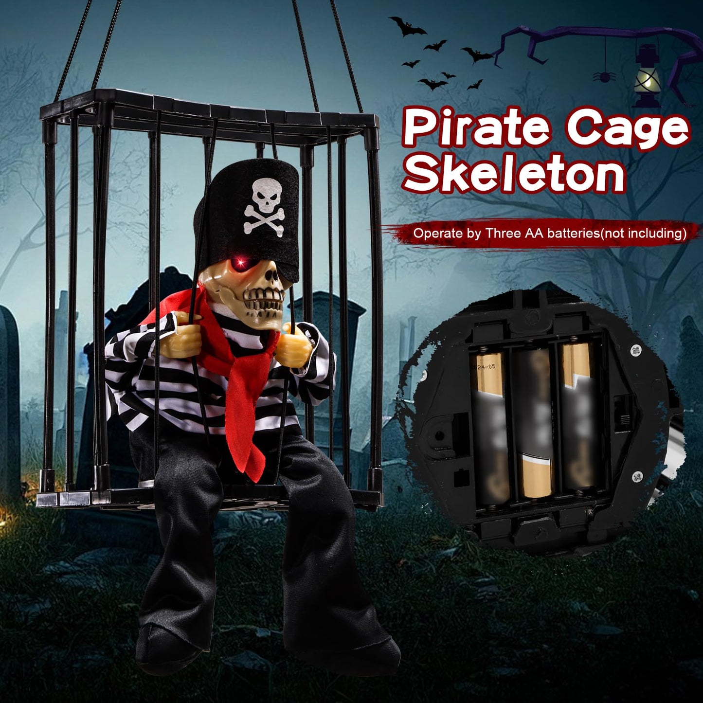Screaming Halloween Decorations, Animated Halloween Decor,Pirate Scary Skull Cage Prop with Motion Activated, Spooky Hanging Ghost Light Up Eyes for Haunted House Indoor Outdoor Decor