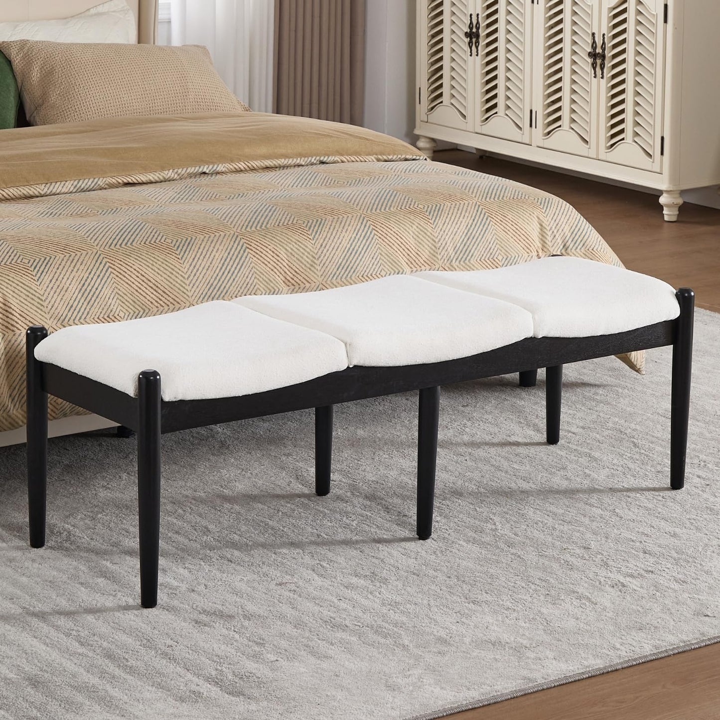 DUOMAY 55'' Modern Ottoman Bench, Chenille Upholstered Entryway Bench Bedroom Bench with Wood Legs, End of Bed Bench for Bedroom, Living Room, Corners, Kitchen, White