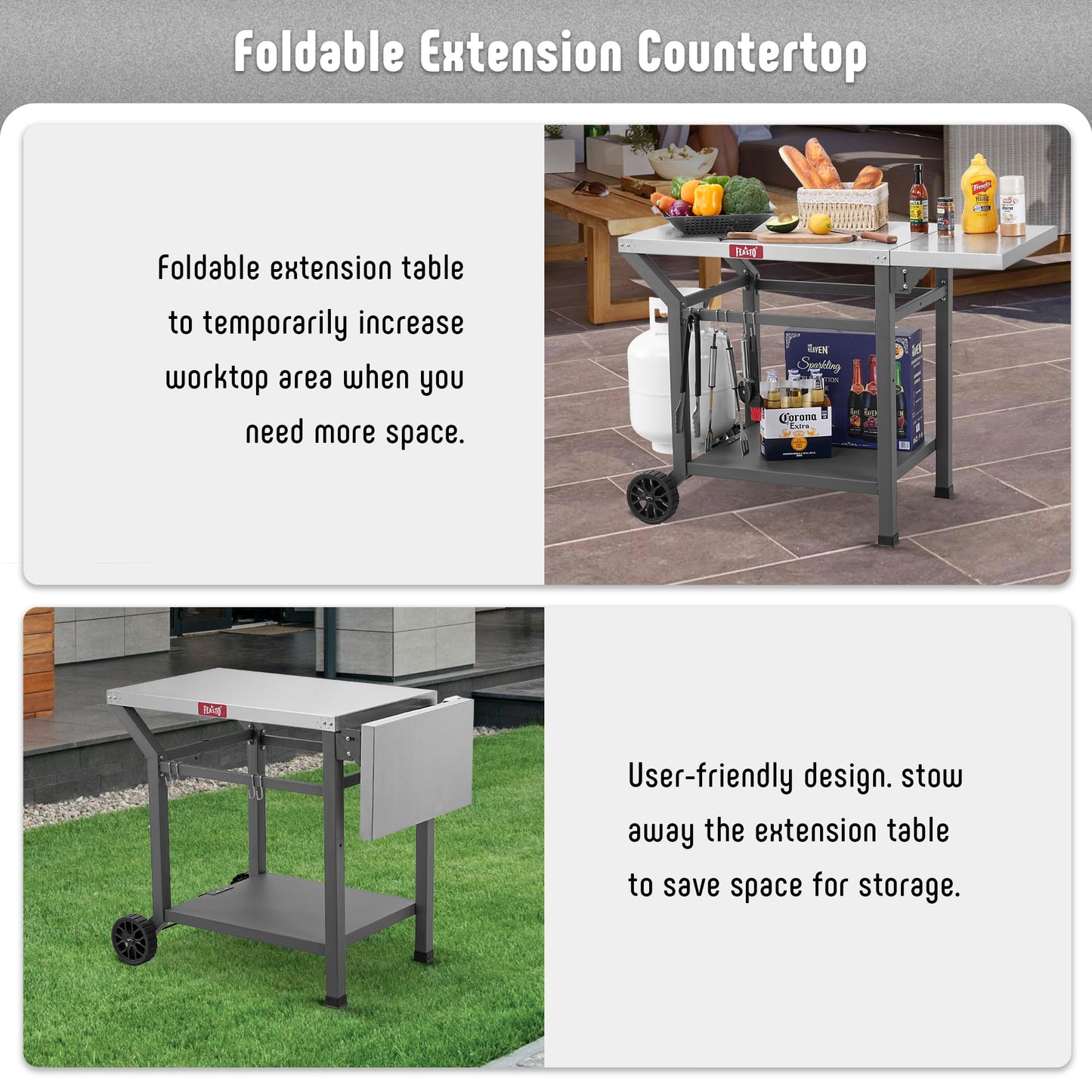 Feasto Movable Grill Table with Folding Side Table, Pizza Oven Table as BBQ Food Prep Cart with Undershelf for Outdoor & Indoor Use, 43" L x 20" W Stainless Steel Tabletop, Grey