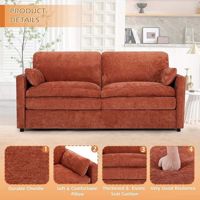 ACMEASE 3 Pieces Chenille Sofa Set w/Arm Pillows, Upholstered 2 Pieces Loveseat & 3 Seater Sofa w/Comfortable Back Cushions, Modern 2-Seat & 3-Seat w/High-Density Foam for Living Room, Orange