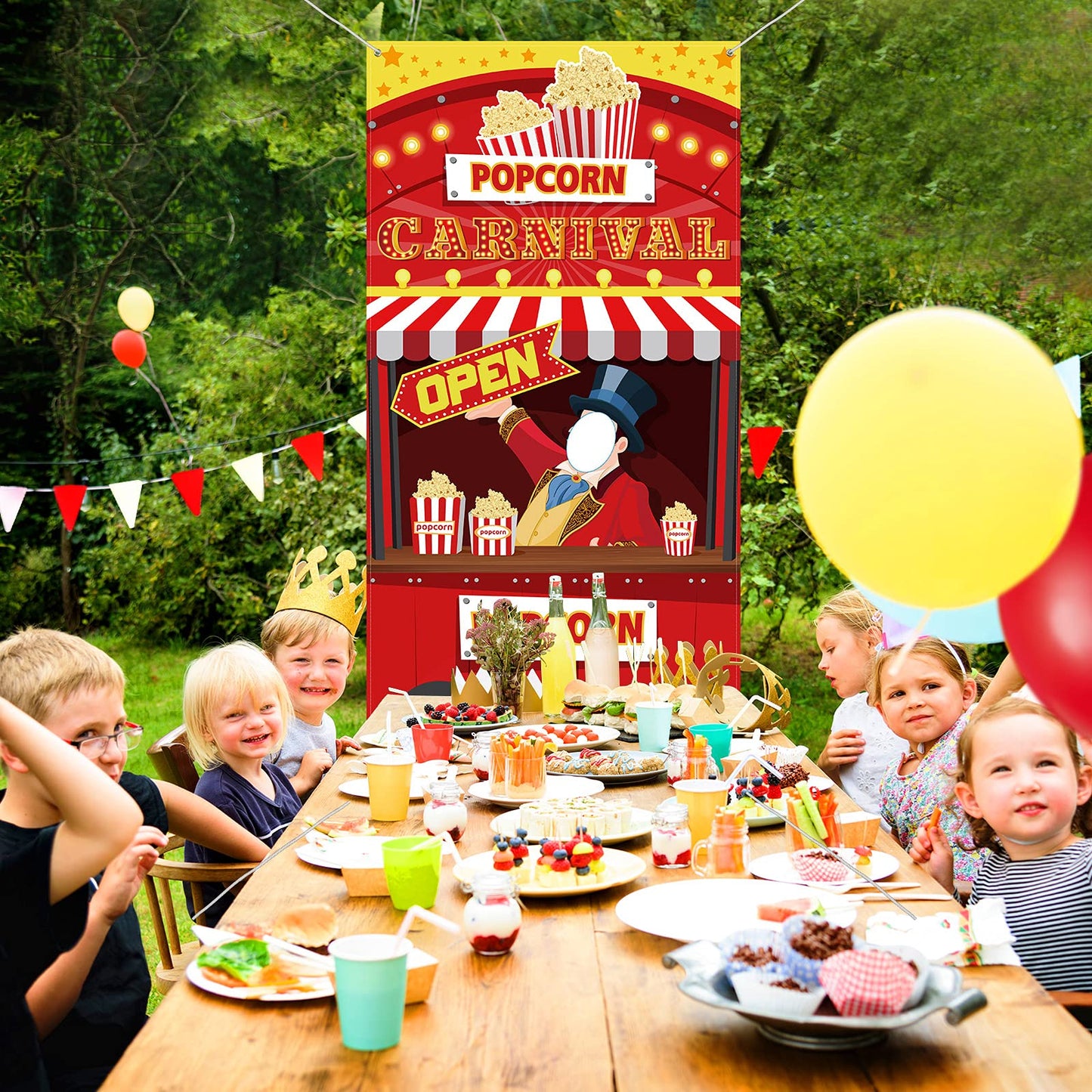 Carnival Circus Theme Party Decorations Carnival Popcorn Sign Large Photo Door Banner Ticket Booth Backdrop Props Hanging for Kids Birthday Carnival Game Supplies Popcorn Circus Party Decorations