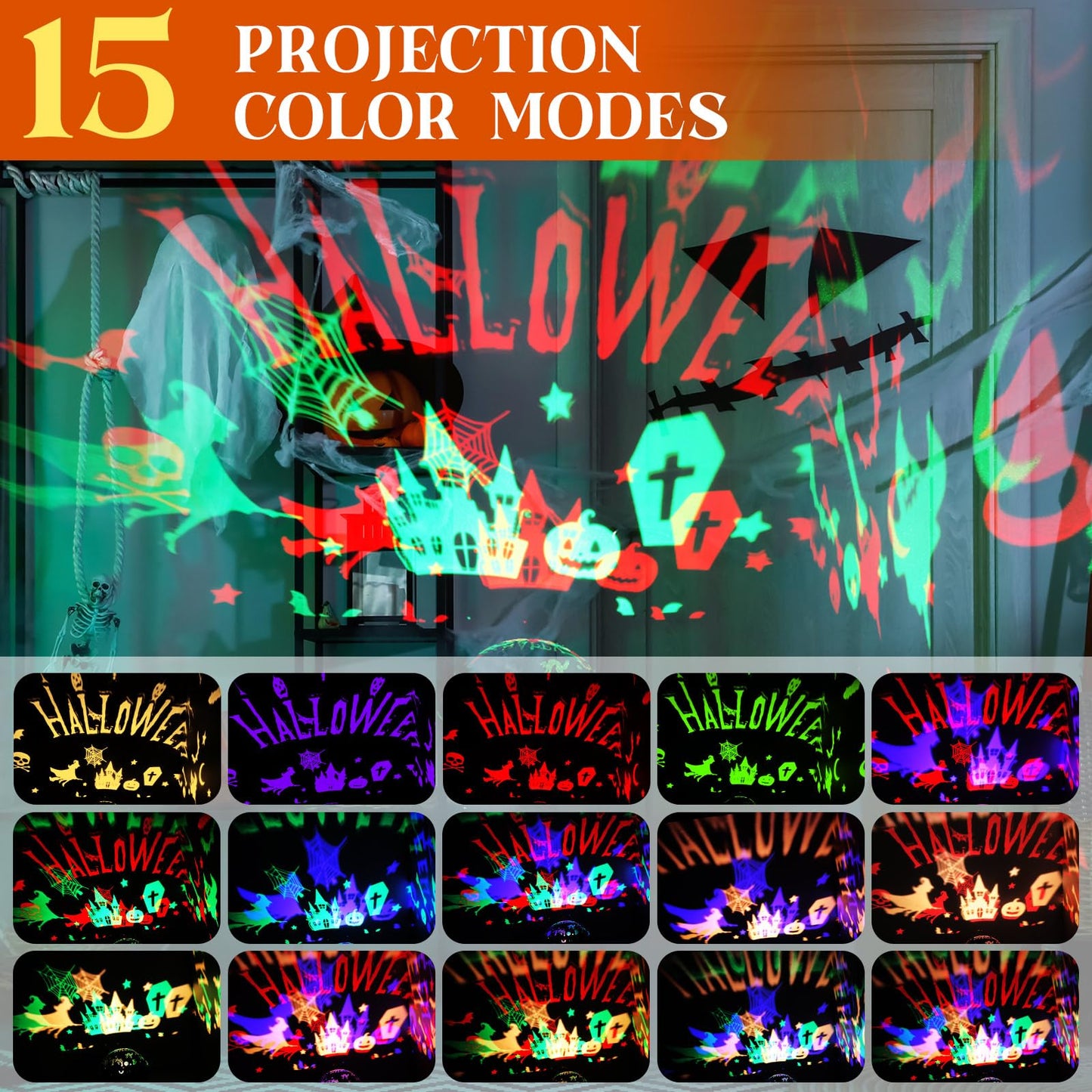 Rossesay Halloween Projector Lights Indoor Happy Halloween Projection Light LED Spooky Pumpkin Ghost Spider Decorative Outdoor Lighting Projectors for Party Holiday Garden Landscape