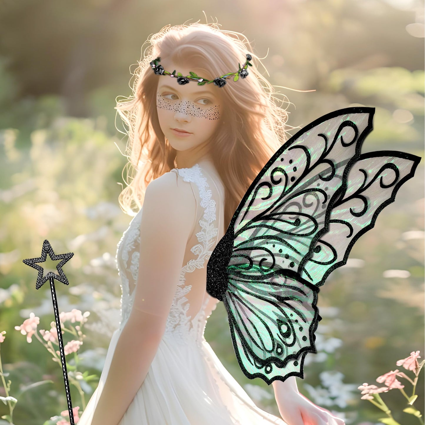 U-Zomir Fairy Costume Wings for Women Girls, Sparkle Black Fairy Butterfly Wings Halloween Costume Dress up Christmas Birthday Party Favor Wedding