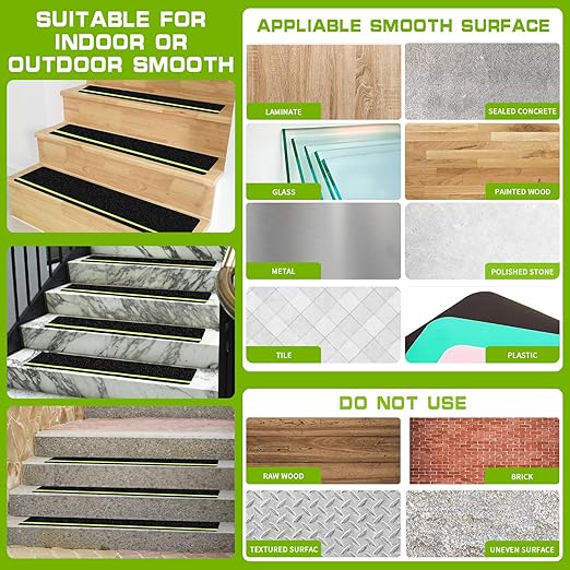 LadyRosian Outdoor Stair Treads Non Slip 15-Pack Black Glow 6" x 24" - Weather Resistant Adhesive Heavy Grip Tape - Waterproof Anti Skid Strips- Glow in The Dark 80-Grit Adhesive Treads