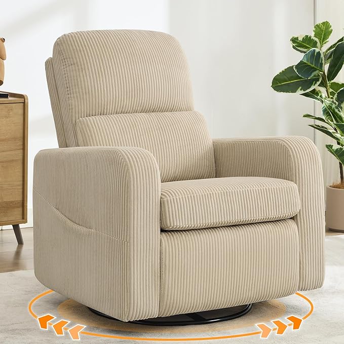 AEMEIOS Swivel Rocker Recliner, Oversized Manual Nursery Glider Rocking Recliner Chair with Removable Cushion, Upholstered Swivel Reclining Chair for Nursery Living Room Bedroom, Corduroy Camel