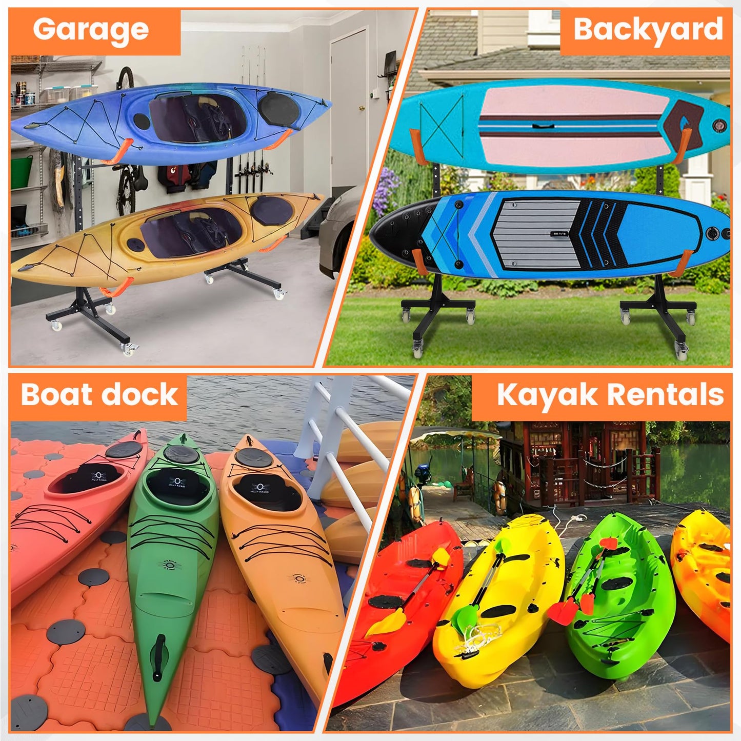 Neorexon Freestanding Kayak Storage Rack, Kayak Racks for Outdoor Storage 2 Kayak, Kayak Stand Heavy Duty Storage for Kayaks, Canoes, SUP and Surfboards