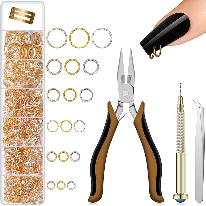 1014 Pieces Nail Dangle Charm Piercing Tool Hand Drill, Nail Charms 6 Sizes Jump Ring Connector with Jump Ring Open Close Tool Pliers and Tweezers for Jewelry Making