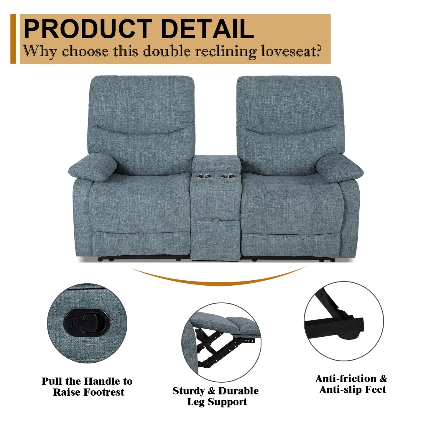 B BAIJIAWEI Double Reclining Loveseat - Fabric Home Theater Seating with Console - 2 Seater Manual Reclining Couch for Living Room, Office (Fabric- Blue)