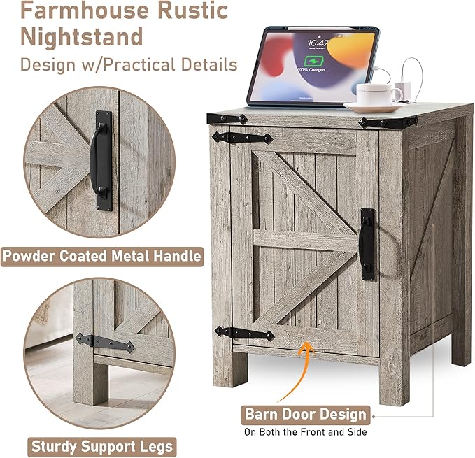 OKD Nightstand with Charging Station, 18 Inch Farmhouse End Table with Barn Door and Adjustable Storage Shelf, Rustic Wood Sofa Side Table w/Magnetic Door for Living Room, Bedroom, Light Rustic Oak