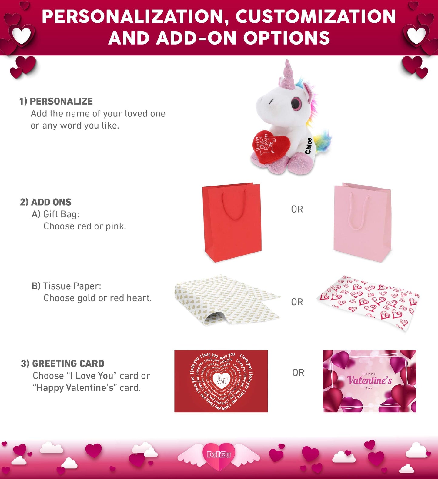 DolliBu I Love You Valentine Plush White Unicorn - Cute Stuffed Animal with Red Heart and Name Personalization Gift for Valentine's Day, Birthday, Anniversary, Romantic Date - 7 Inches