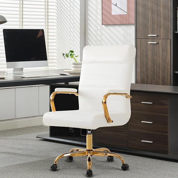 BOWTHY White and Gold Office Desk Chair, Modern Leather Conference Room Chairs, High Back Ergonomic Home ofiice Chair, Adjustable Height Swivel Executive Computer Chair with Padded Seat and Armrest