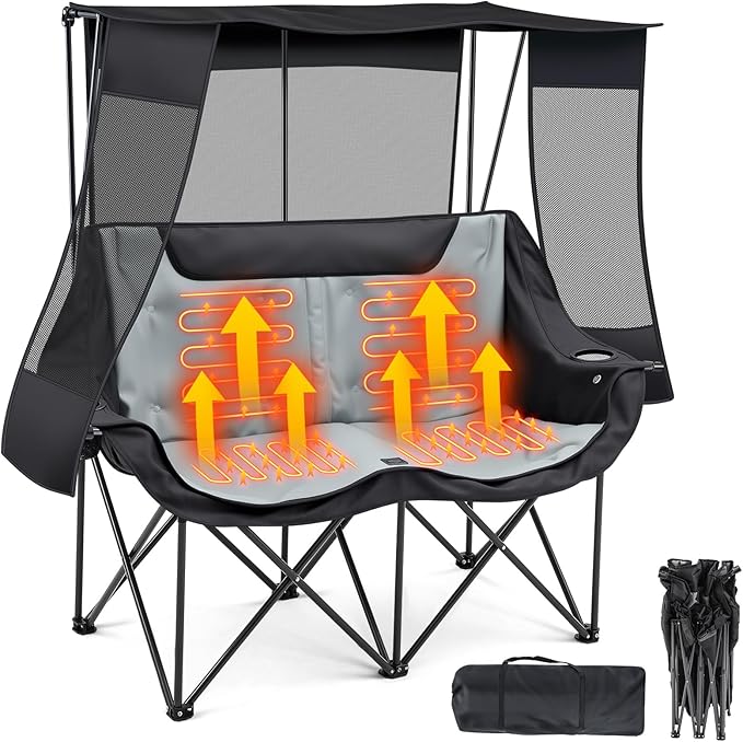 Heated Double Camping Chair with Canopy for Adult, Oversized 660lbs Folding Chair with Padded, 4 Heating Zones and 3 Heat ...