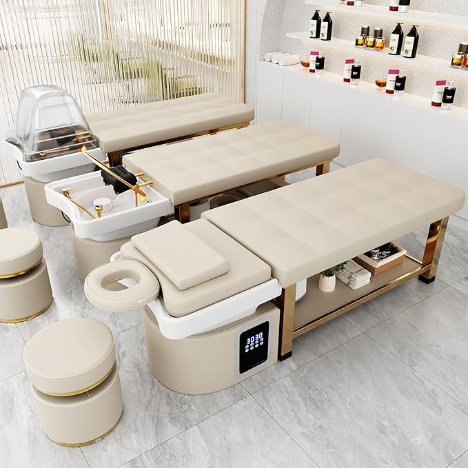 Hair Washing Head Spa Stationary Massage Table with Water Cycle & Fumigation Salon Equipment for Beauty Head Spa Physical Therapy Massage, Stainless Steel Gold Color-Plated Frame, PU Beige Gray