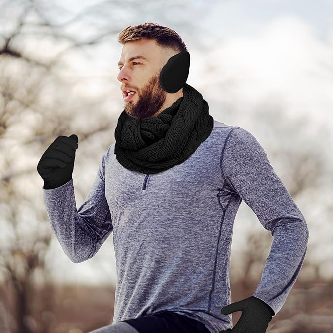 Aneco Winter Warm Sets Knitted Scarf Beanie Hat Touch Screen Gloves and Winter Ear Warmer for Men or Women