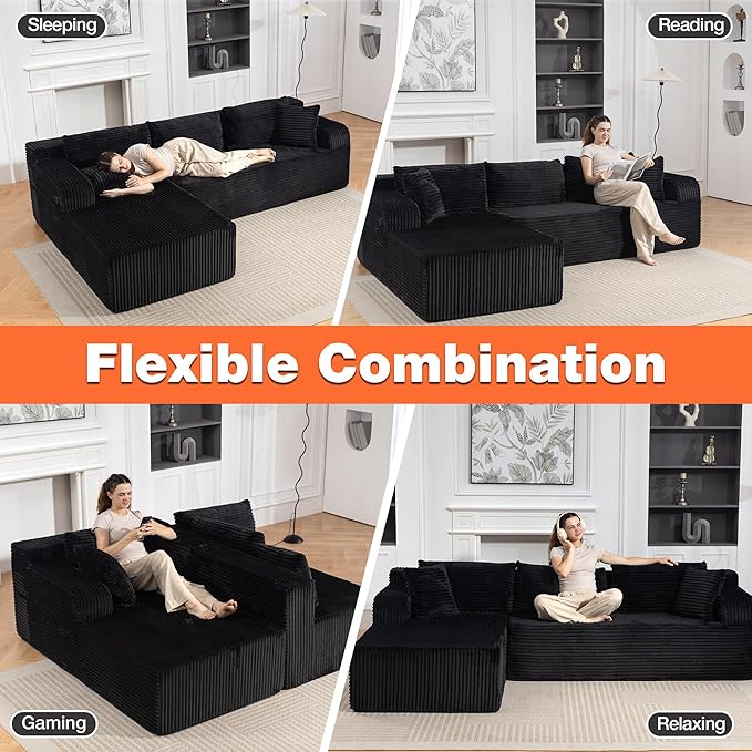 TonghuaS 106” Cloud Modular Sectional Sofa with L-Shape Chaise and Deep Seat, Corduroy Memory Foam Boneless Compressed Couch for Living Room, No Assembly Required(Left Facing Chaise, Black)