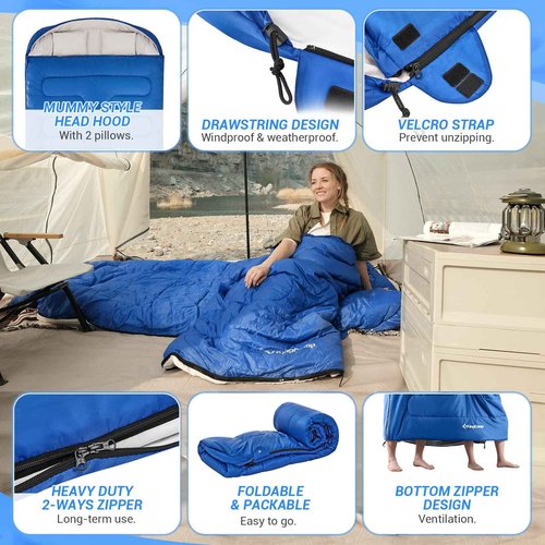 KingCamp Double Sleeping Bags for Adults, XL Big and Tall Sleeping Bag with 2 Pillows for Camping Backpacking, Waterproof, 93“*63” Queen Size for 2 Person, Lightweight Warm & Cold Camping Gear,Blue