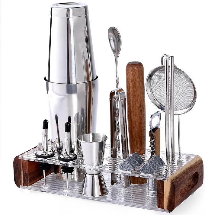 Mixology Bartender Kit with Stand - 15 Piece Bar Tool Set, Silver Bar Set Cocktail Shaker Set for Drink Mixing - Includes ...