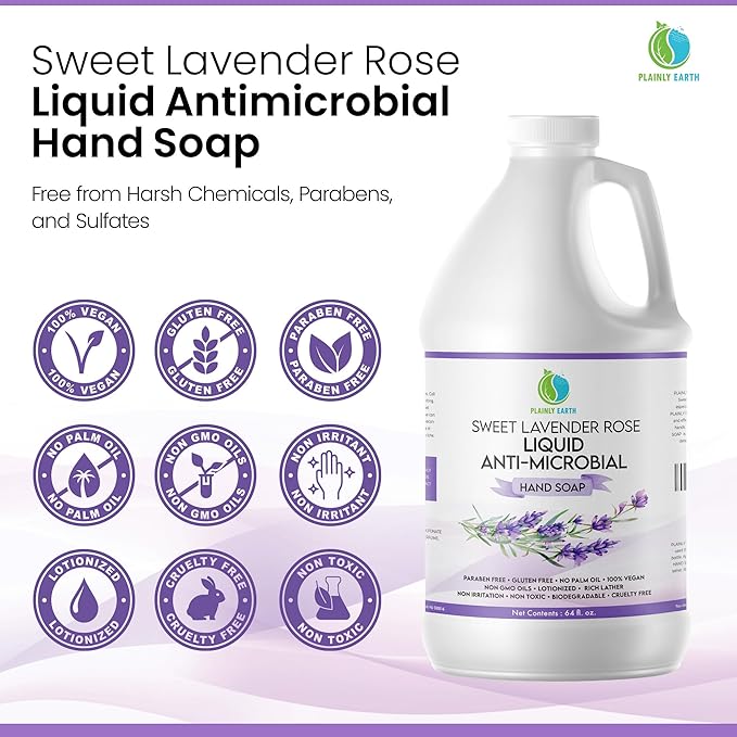AntiMicrobial Hand Soap 64 oz - Soft and Gentle Sweet Lavender Rose Antibacterial Hand Wash Soap, Long Lasting Freshness & Safe for Skin - Eco Friendly Bulk Refill Packaging