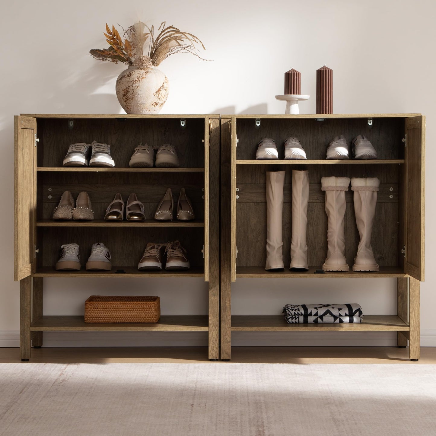 SICOTAS Rattan Shoe Cabinet with Storage - 5 Tier Farmhouse Boho Shoe Organizer Storage Cabinet with Shelves & Doors, Tall Shoe Rack Cabinet for Entryway, Living Room, Closet (Carbon Cherry)