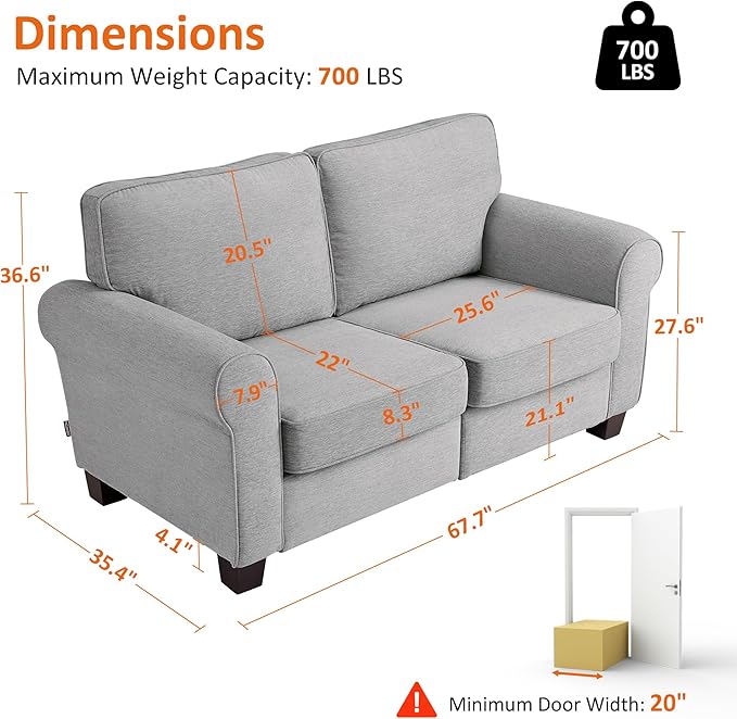MCombo 67.7" Loveseat Sofa, 2-Seater Small Couch for Small Spaces, Classic Rolled Arm Upholstered Sofa with Solid Wood Legs for Living Room, Removable Cover, Chenille Fabric VE730 (Light Grey)