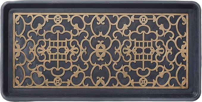 HF by LT Asian Screen Rubber Boot Tray, 32 x 16 inches, One-Piece Seamless Construction, Durable Vulcanized Rubber, Year Round Use Indoors or Outdoors, Black with Antique Bronze Finish