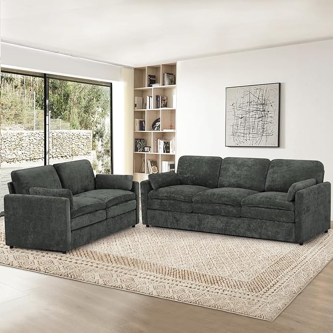 ACMEASE 2 Pieces Chenille Sofa Set w/Throw Pillows, Upholstered Loveseat & 3 Seater Sofa w/Comfortable Back Cushions, Modern 2-Seat & 3-Seat w/High-Density Foam for Living Room, Apartment, Grey
