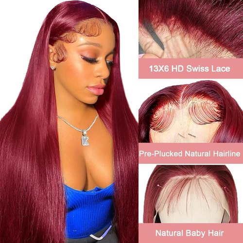 YFFSSJFC 30 Inch 99j Burgundy Lace Front Wigs Human Hair 200% Density 13x6 Hd Lace Front Wigs Human Hair Straight Burgundy Wigs Pre Plucked Pre Cut For Black Woman