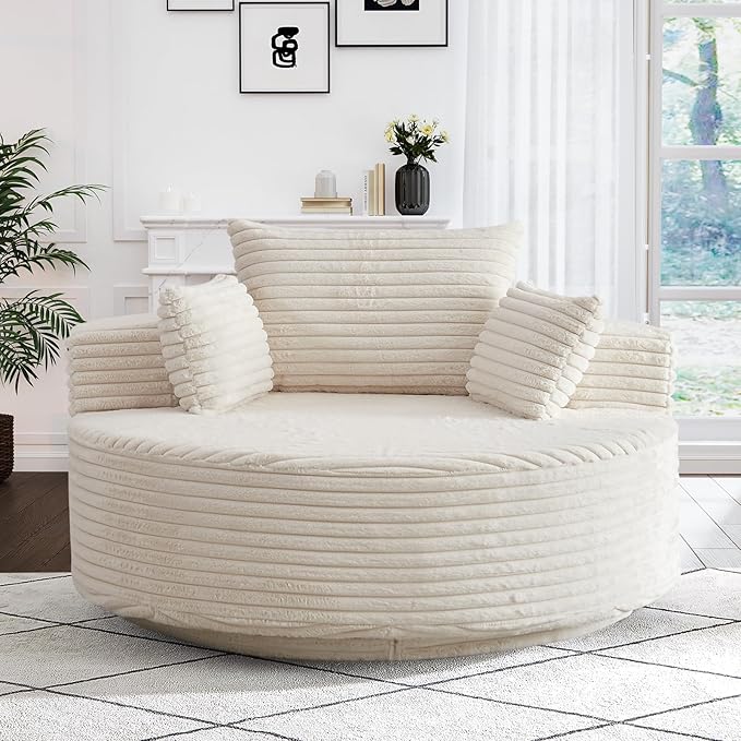 360-Degree Oversized Swivel Chair, Modern Round Circle Corduroy Comfy Deep Seat Swivel Accent Chaise Lounge Sofa Chair with Back Cushion & 2 Throw Pillows for Living Room Bedroom Office, Beige