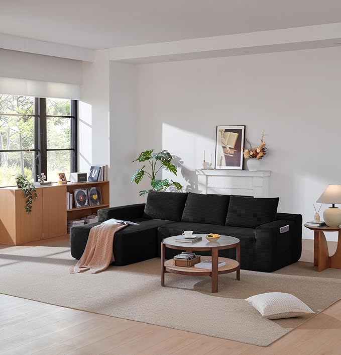 Vanress 97" Cloud Couch Sectional, Corduroy Boneless Couch with L-Shape Chaise,Modern Modular Sectional Sofa Comfy Deep Seat for Living Room, Bedroom, No Assembly (Black, Left Facing Chaise)