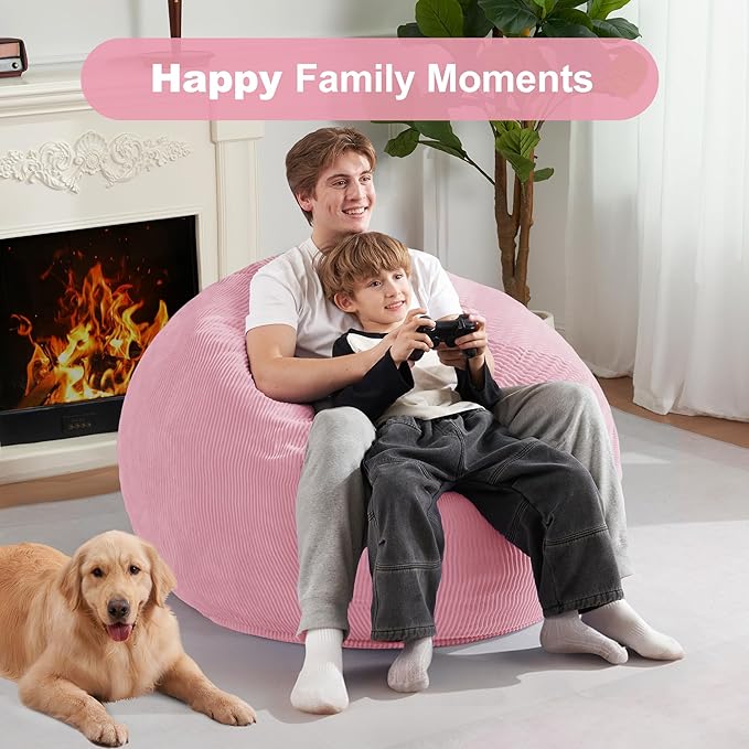 Homguava 3.5FT Bean Bag Chair: Teardrop Bean Bags with Memory Foam Filled, Compact Beanbag Chairs Soft Sofa with Corduroy Cover (Light Pink)