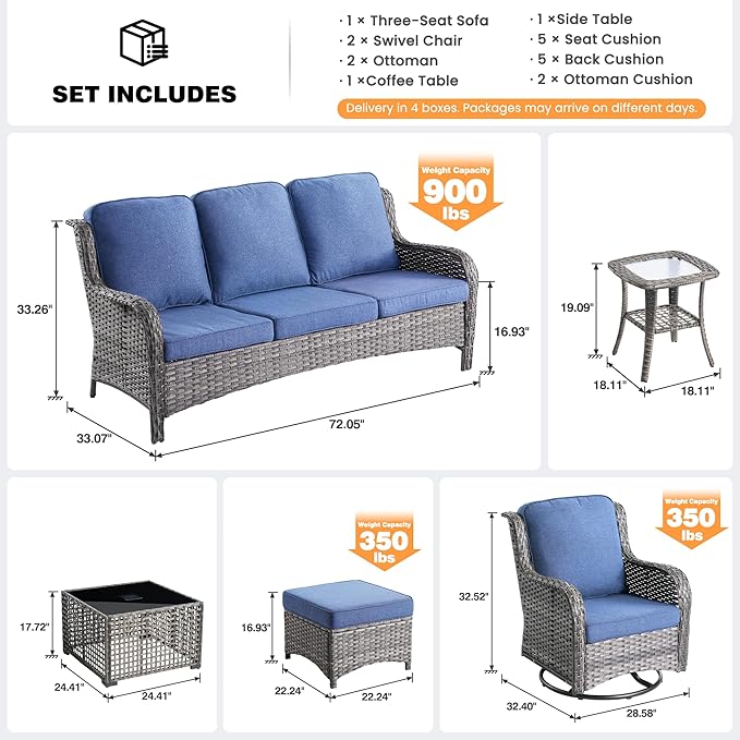 ovios 7 Pieces Patio Furniture Set, Outdoor Wicker Sofa Couch with Swivel Chairs Solar Lights Table, High Back Modern All Weather Conversation Sets, Grey Rattan, Denim Blue