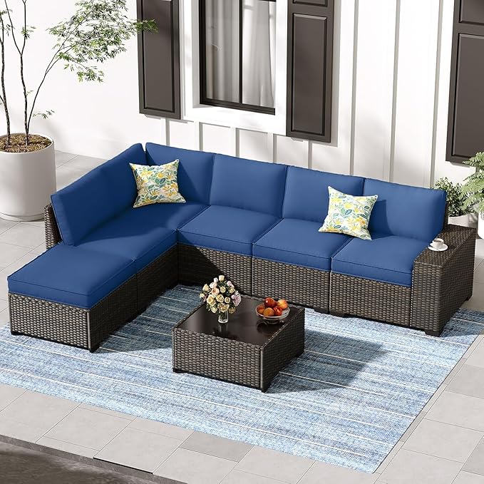 SunloungeCo 7 Pieces Outdoor Patio Furniture Set, Wicker Conversation Sets with Tea Table, Rattan Patio Sofa with Thick Cushions for Garden, Backyard Porch, Poolside,Navy