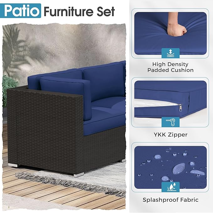 Crownland 7 Pieces Outdoor Patio Furniture Sets, All-Weather Black Wicker Rattan Sectional Sofa, Glass Coffee Table and Washable Seat Cushion with Zipper(Dark Blue)