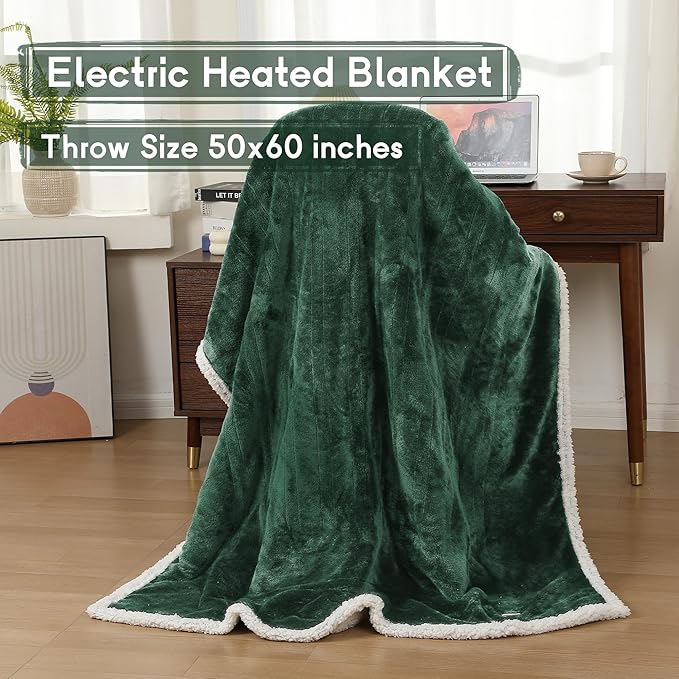 Heated Blanket Electric Throw Size 50''x60'' with 9 Heating Levels, 3 Hour Auto Shut Off, Machine Washable, Flannel & Sherpa Double-Sided Soft Warming Blanket for Couch, Bed, Office - Grass Green