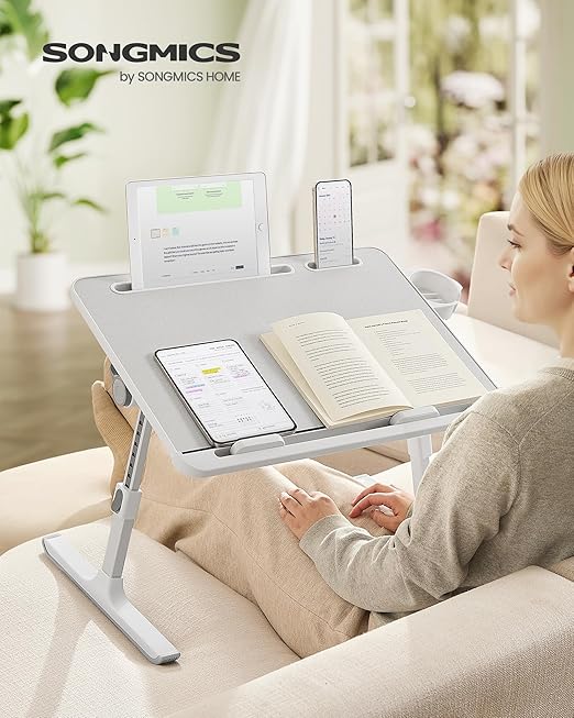 SONGMICS Bed Laptop Desk, Foldable Bed Desk for Laptop, 15.7 x 22 Inches Large Desktop, 120° Stepless Tilt, Adjustable Height, Cup Holder, Tray, Portable Bed Sofa Table, Gray ULLD113GZ01