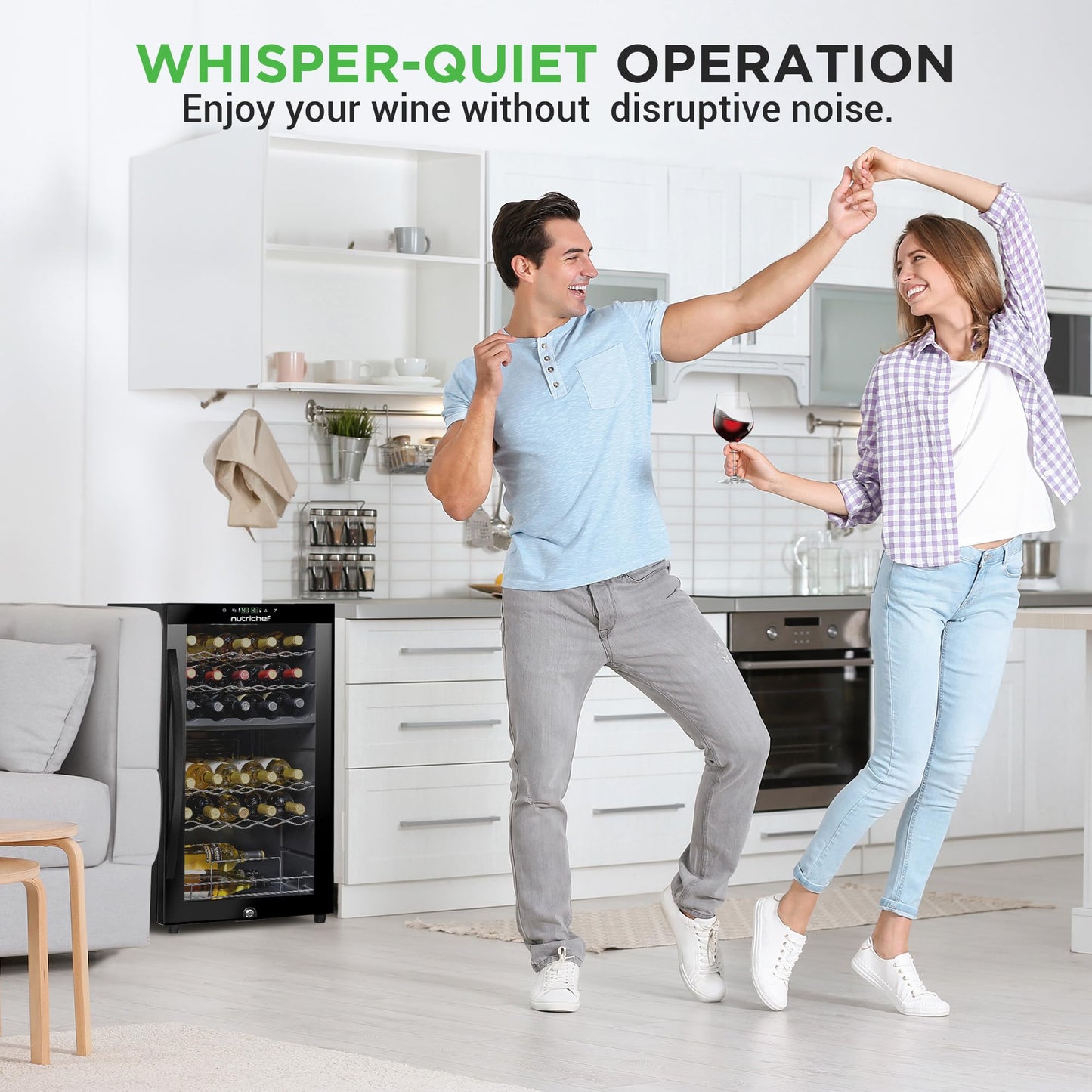Nutrichef 33 Bottle Wine Fridge | Dual Zone Wine Cooler | Adjustable Temperature Control 41°F to 64°F | Ultra Quiet Operation | Freestanding Wine Chiller for Home & Office | 33x19x17 IN