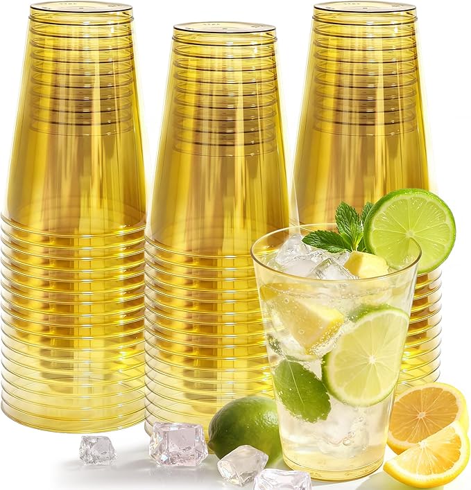 Glowserve 12 oz Plastic Cups Disposable Gold Clear Plastic Christmas Cups Cocktail Glasses 50 Pack Drinking Disposable Cup...