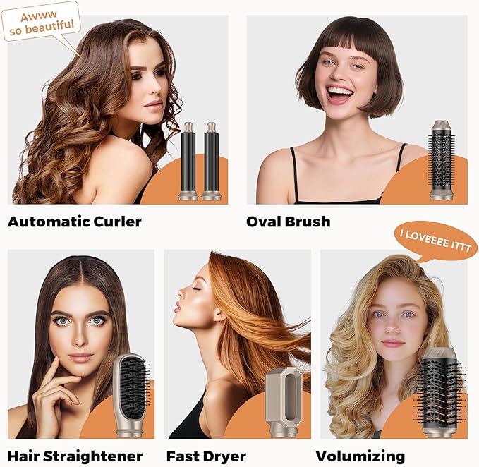 6 in ONE Hair Dryer Brush, Blow Dryer Curling Wand Hair Styling Tools Set, Ionic Hot Air Massage Oval Blowout, Left&Right Styler 100-120V