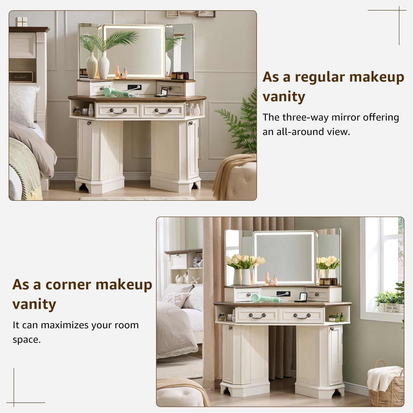 T4TREAM Makeup Vanity Desk 48" with 3 Way Mirror and Lights, Large Farmhouse Corner Vanity Dressing Table with Glass Top & Charging Station, 3 Drawers & 2 Storage Cabinets for Bedroom, Antique White