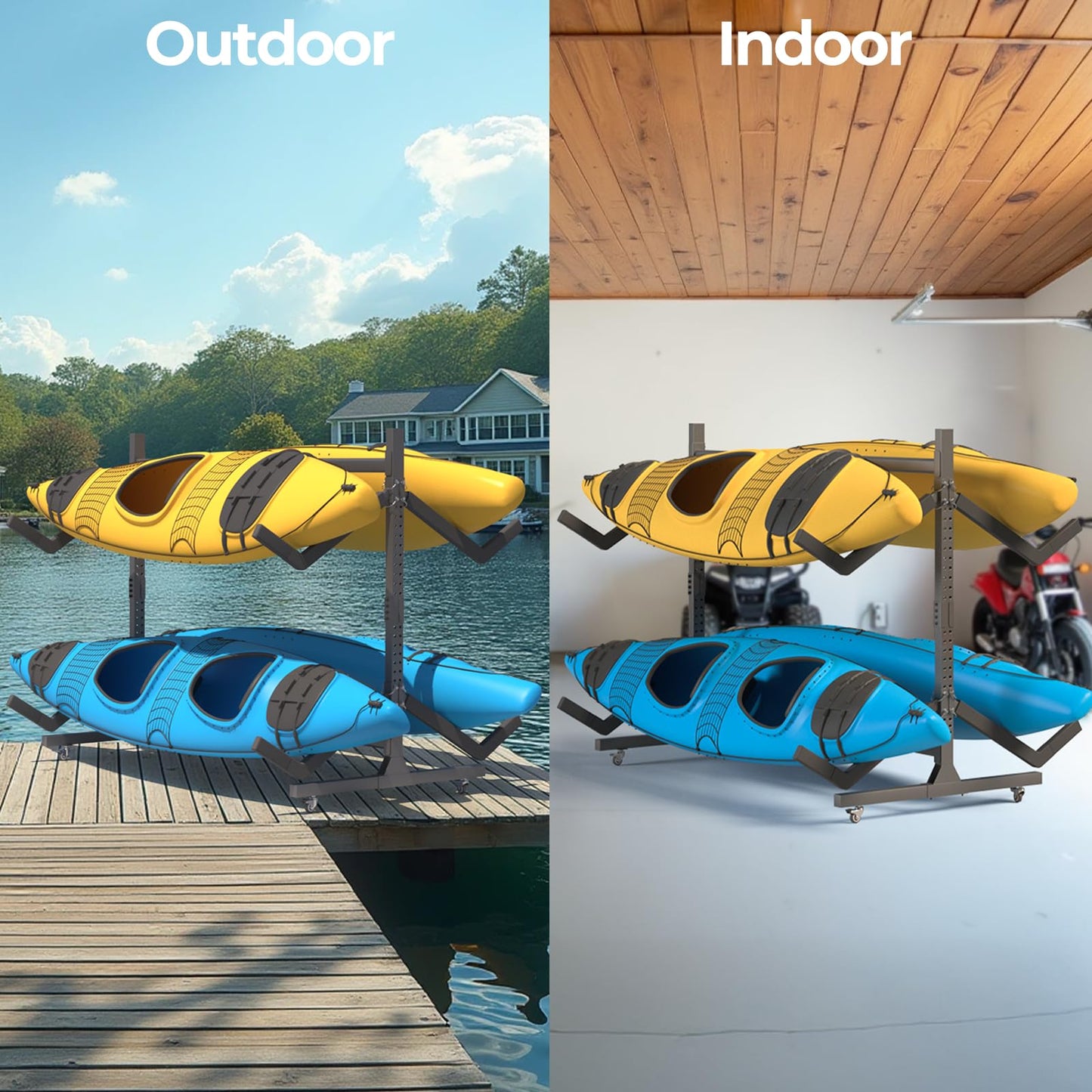 Freestanding Adjustable Kayak Storage Rack, 2 Sides Kayak Bracket, Durable Kayak Rack with Lockable Wheels for Indoor, Outdoor, Garage, Shed, Dock
