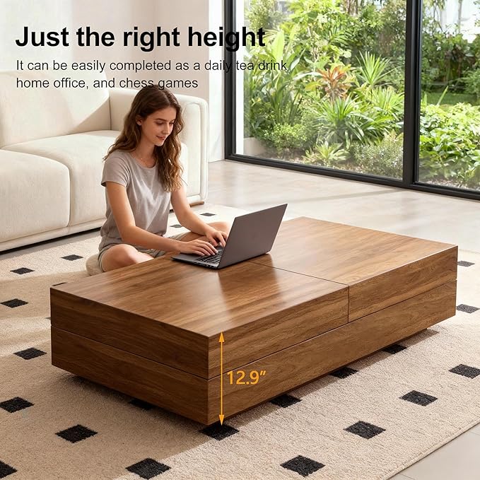 Pajiasen Mid-Century Modern Farmhouse 47.2-81.8" Expandable Coffee Table，Adjustable Center Table with Large Storage for Living Room, Walnut