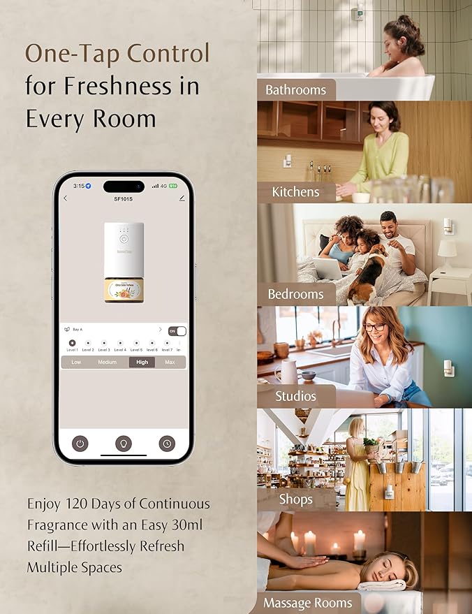 SF101S Smart Wi-Fi Waterless Plug-In Air Freshener, 100% Plant-Based Ultrasonic Diffuser, Adjustable 120-Day Scent Air Mist, Covers 100㎡ for Home, Hotel-Minted Rosewood