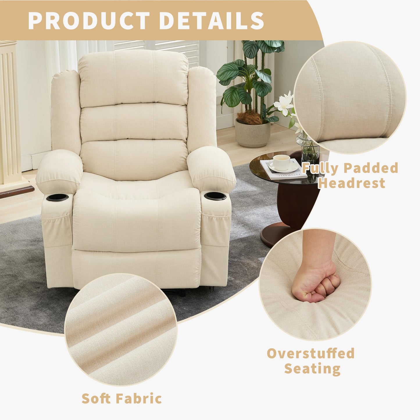 GarveeHome Wide Manual Recliner Chair for Adults – Widen Oversize Overstuffed Breathable Fabric Lounge Chair with 3 Angle Modes 2 Cup Holders Side Pockets