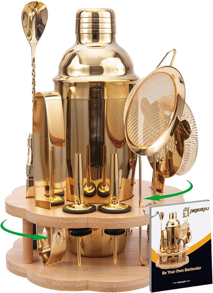 JWJIUEJIU Cocktail Shaker Set Bartender Kit with Rotatble Bamboo Stand,11 Piece Bar Set Stainless Steel Bar Accessories fo...