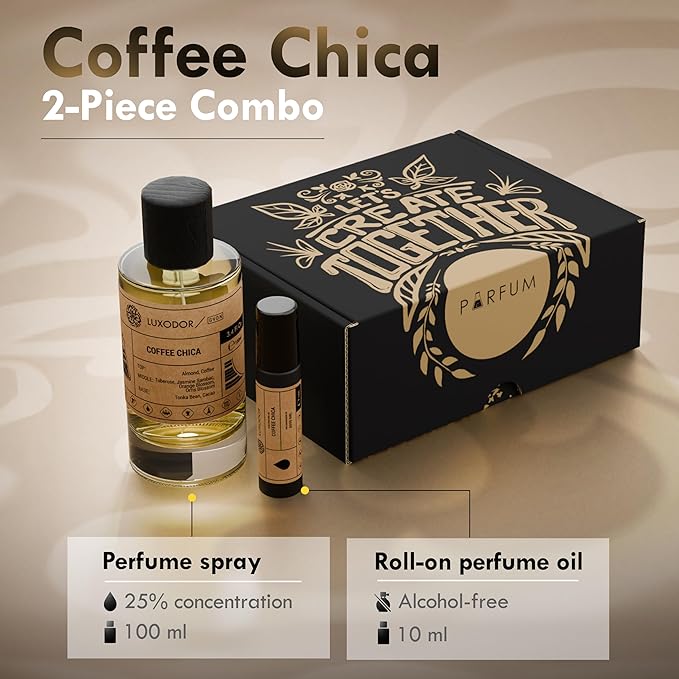 Coffee Chica - Inspired by Goods Girls pheromones perfumes for women cologne - dupes fragrances - Clean ingredients - Paraben Free Vegan - 3.4 fl. oz (100ml) with perfume oil 10 ml roll-on