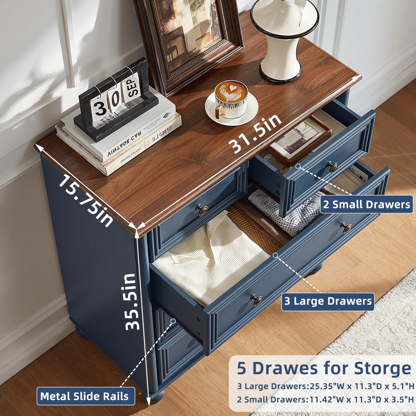 RWYHG Farmhouse 5 Drawer Dresser for Bedroom, 35.5" Tall Small Dressers & Chest of Drawers, Rustic Wood Dresser with Roman Column, Storage Organizer for Living Room, Hallway, Closet (Blue)