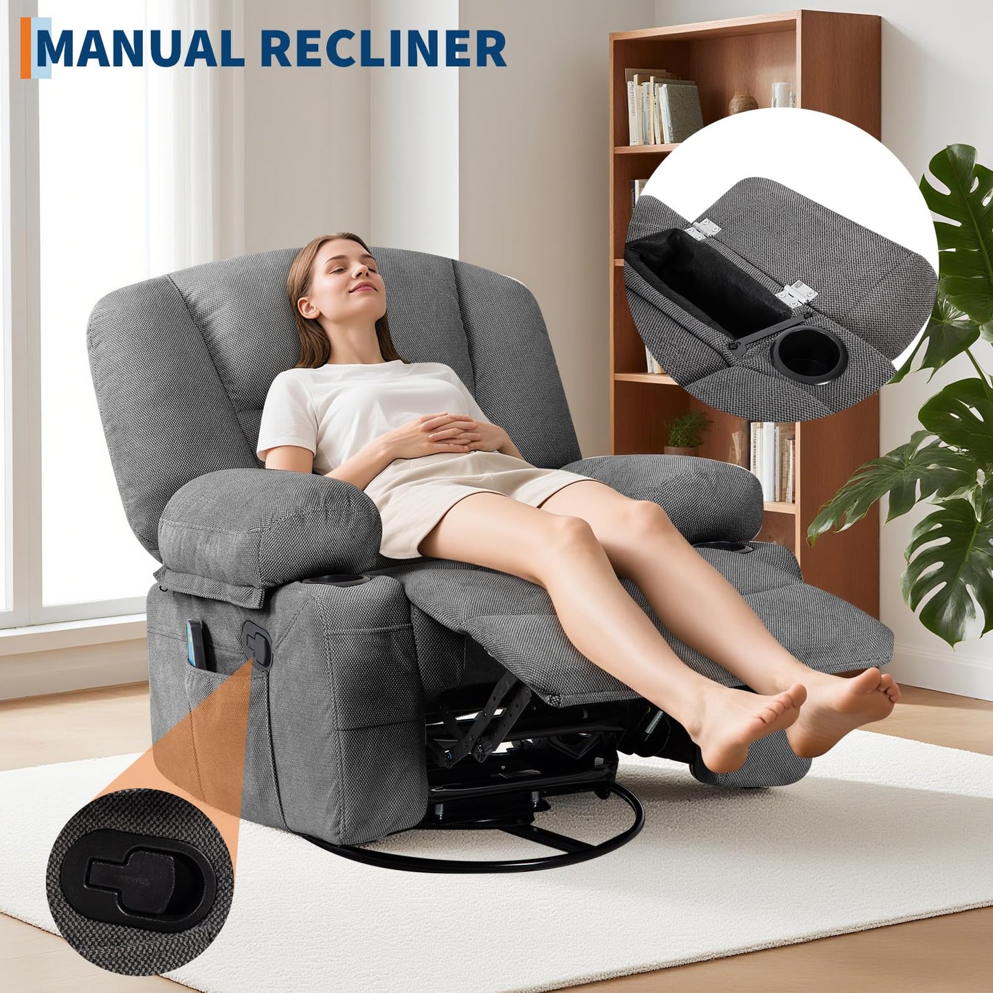 Oversized Wide Recliner Chair with Vibration Massage and Heat, 360° Swivel Recliner Glider for Adults,Chenille Fabric Manual Reclining Single Sofa with Cup Holders & Side Pockets for Living Room,Grey
