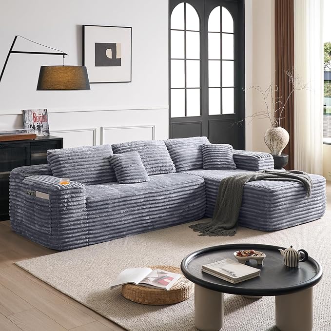 Cloud Sectional Couch with L-Shape Chaise, Modern Modular Sofa with Deep Seat, Built-in Cup Holder & Storage Pocket for Living Room Bedroom, No Assembly Required (Light Grey, Left Sitting Chaise)