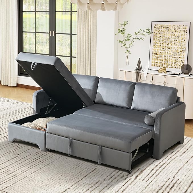 Tbfit 90.6'' 3 in 1 Sleeper Sofa Couch with Storage Chaise, Velvet Sofa Bed with Pull Out Bed, Convertible Sleeper Sofas for Living Room, Small Spaces, Grey